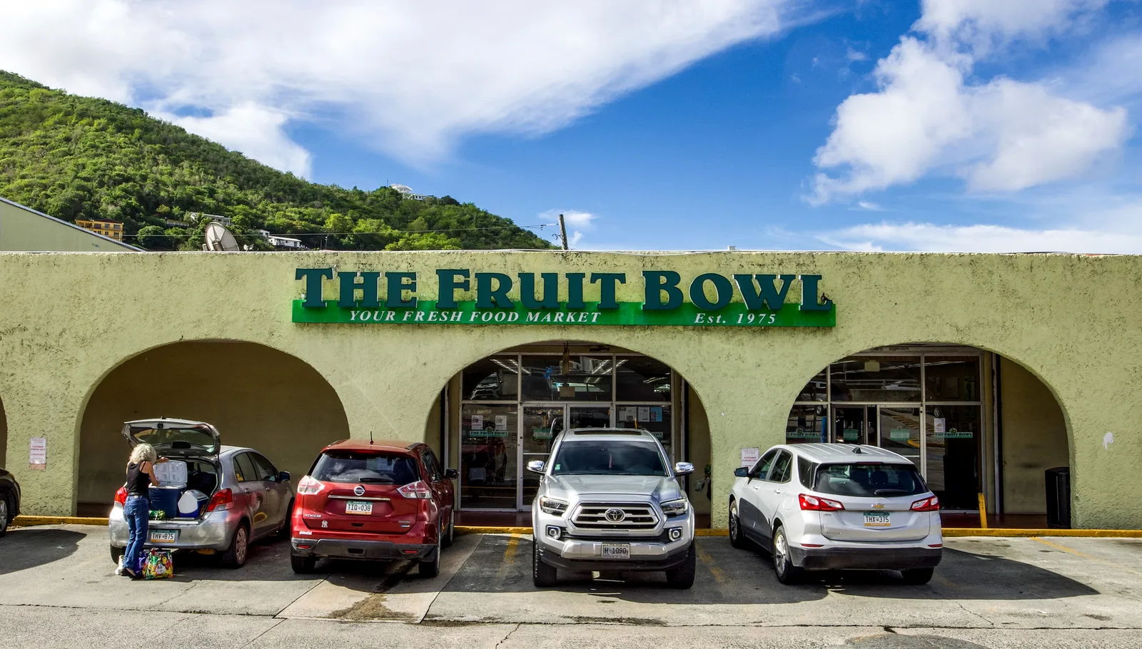 The Fruit Bowl storefront and parking area at The Fruit Bowl.
