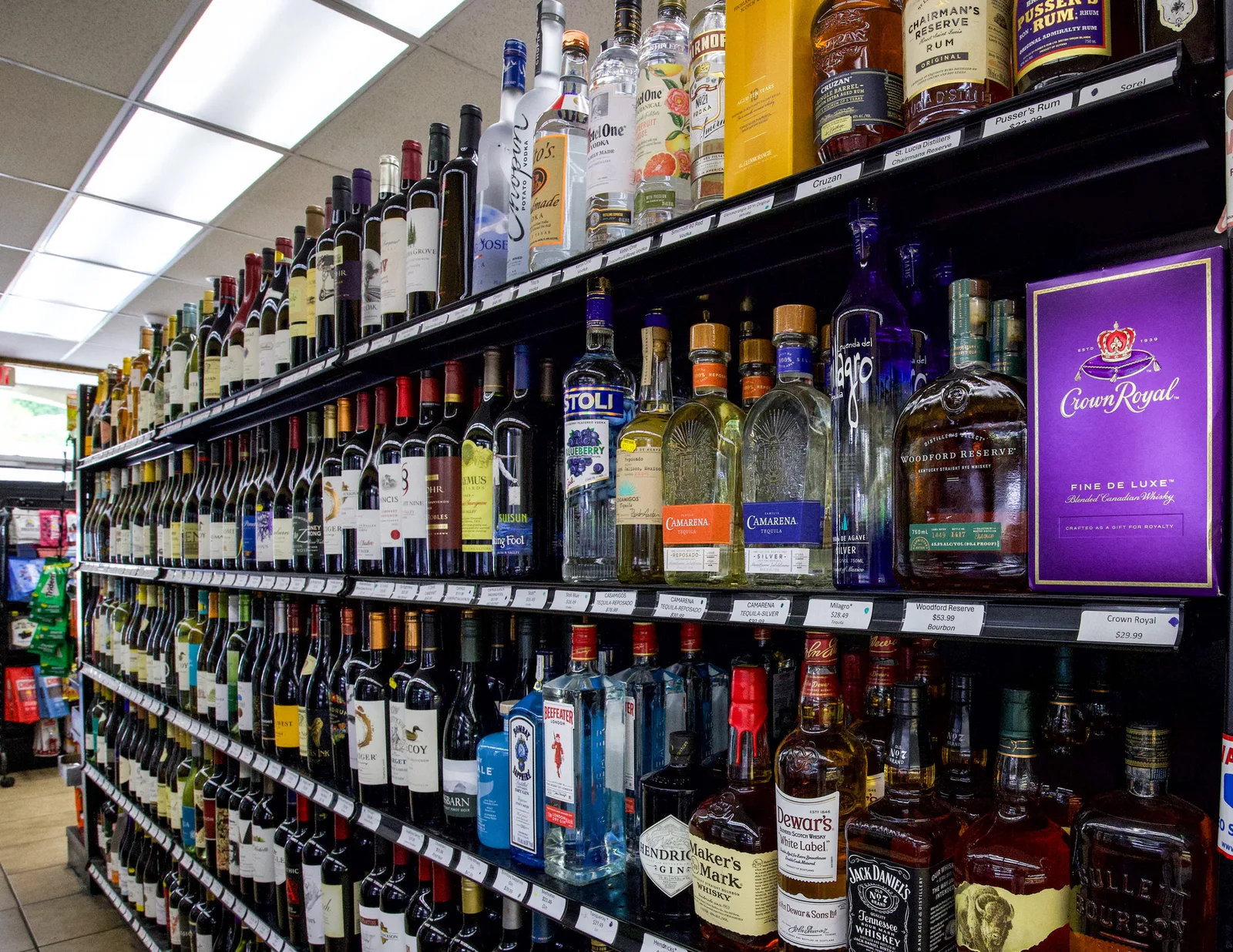 Wine and spirits aisle at The Fruit Bowl.