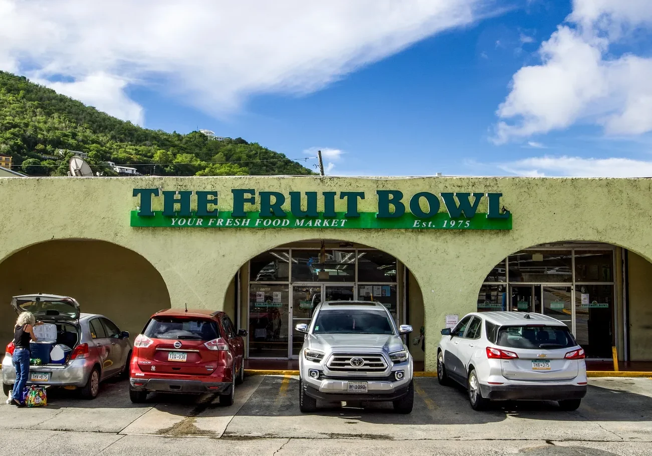 The Fruit Bowl storefront and parking area at The Fruit Bowl.